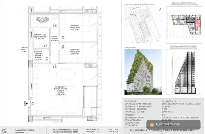 Foto 2/3: Tirane, shitet apartament 2+1 Kati 15, 310.000 € (New Boulevard Tower) në Tiranë — Çmimi: € 310000.00 | NjoftimeFalas.vip